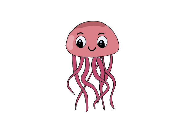 A cartoon style illustration of a pink jellyfish with big eyes and a smile.